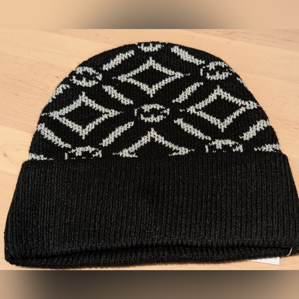 Michael Kors Black and White Geometric Knit Hat